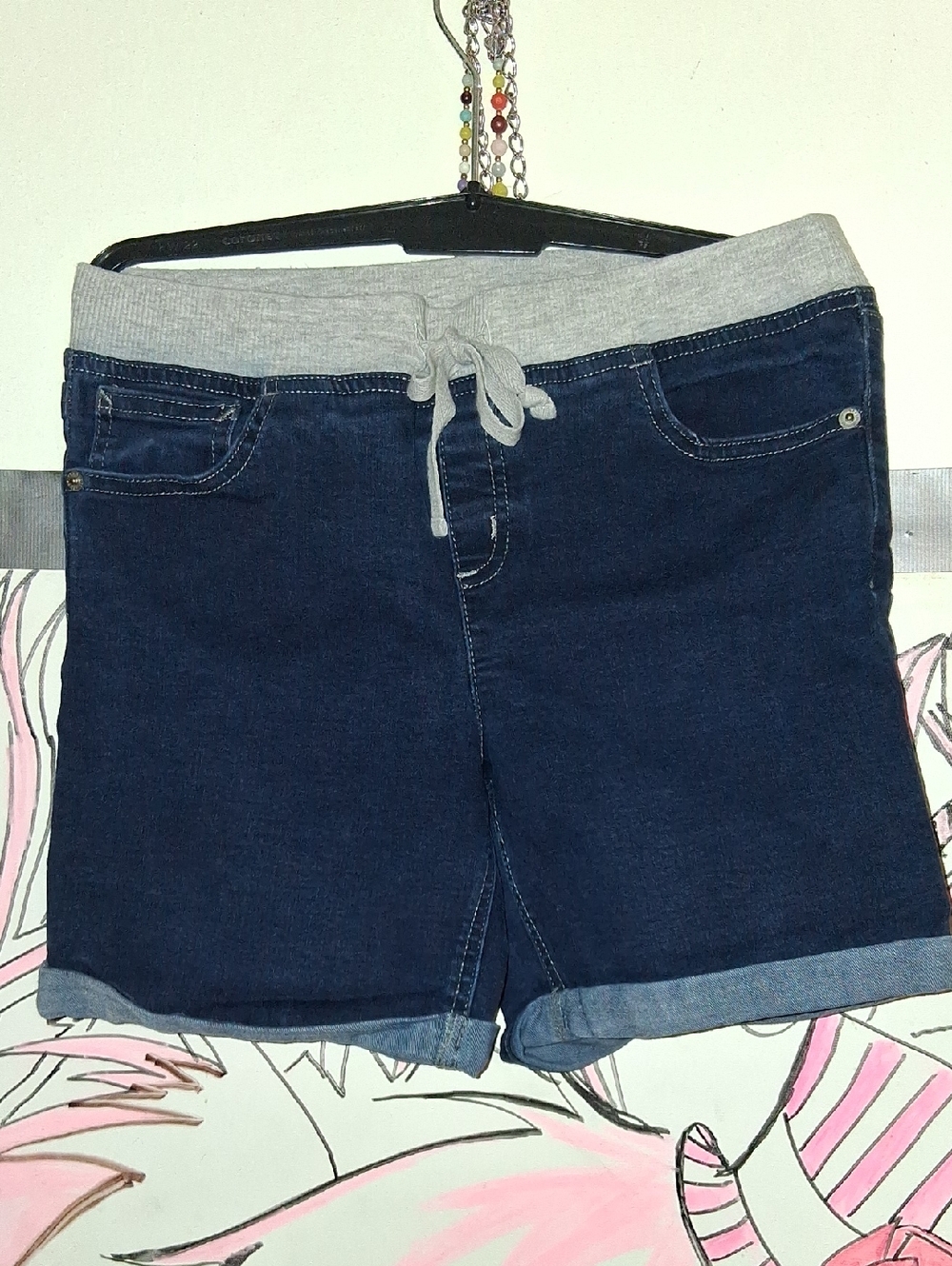 Justice Dark Blue Denim Shorts with Gray Knit Waist